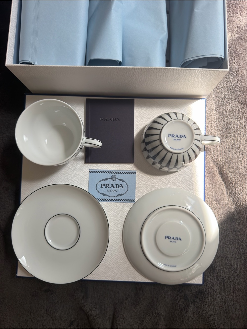 Prada White Porcelain Tea Cup & Saucer Set with Navy Accents